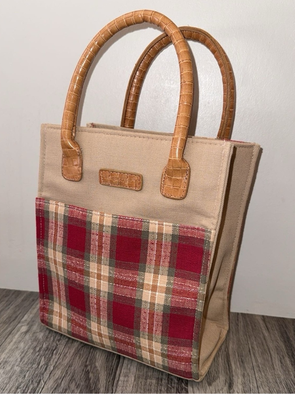 Vintage Longaberger Plaid Mini Tote Bag Tan Khaki Red